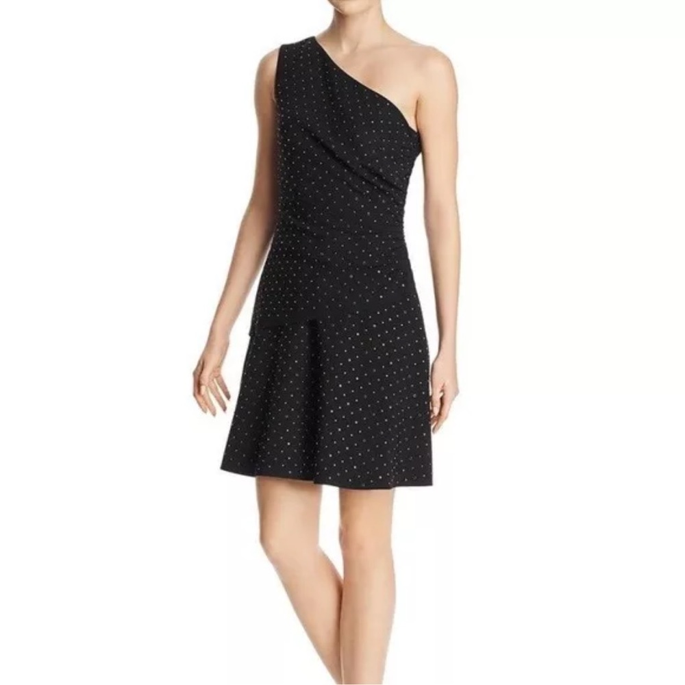 NWT $598 KOBI HALPERIN INTERMIX "WILLOW" BLACK ONE SHOULDER STUDDED DRESS L